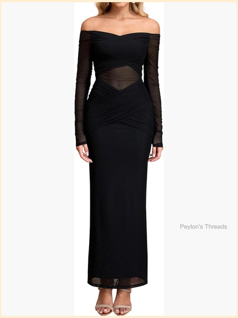 Sheer Long Sleeve Off Shoulder Formal Cocktail Maxi Dress Mesh Ruched Bodycon